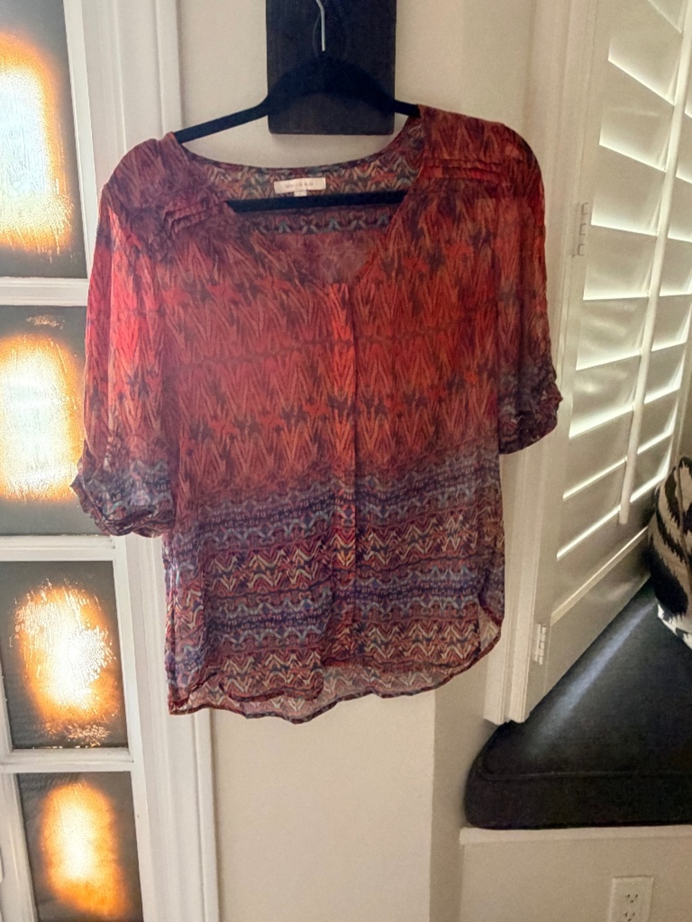 Skies Are Blue Sheer Boho Blouse | Size S | Red Print 3/4 Sleeve Top